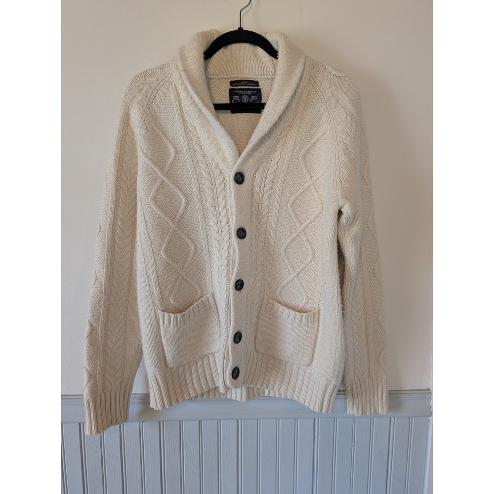 American Eagle Cream Cable Knit Cardigan Men Medium Sweater Y2K Fisherman Prep